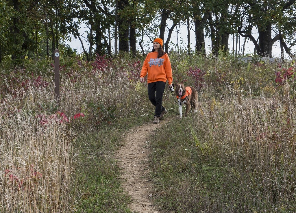A woman and her dog wear blaze orange on the Ice Age Trail in fall.