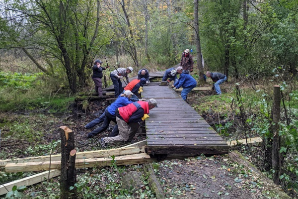 Volunteers prove that moving boardwalk is a group effort. Photo by Dave Caliebe.