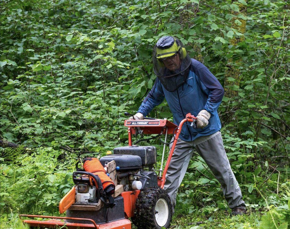 A volunteer uses a brush mower on the trail. He is wearing a bug net to keep his sanity.