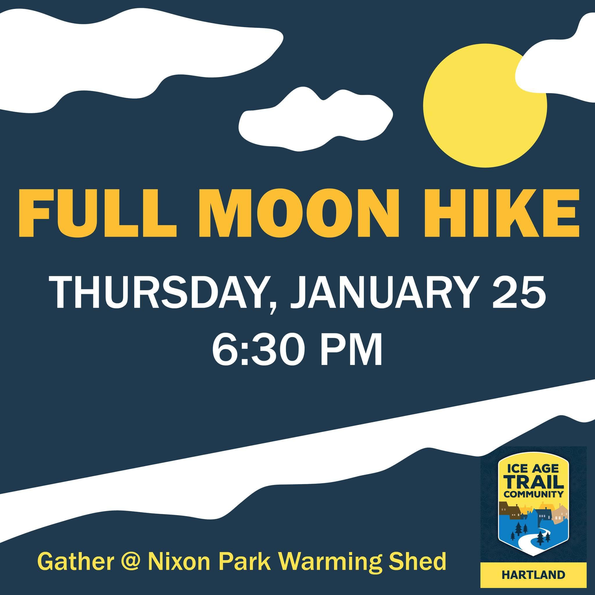 Poster with graphic art featuring a full moon and snowy path