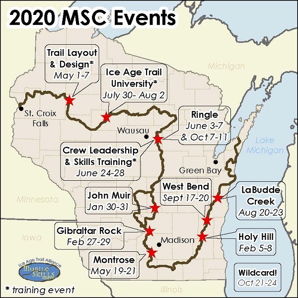 2020 MSC event map, Ice Age Trail Alliance, Ice Age National Scenic Trail, Mobile Skills Crew Program, Mobile Skills Crew Events