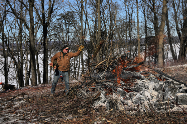 A volunteer throws logs of wood into a large pile of burning brush.
